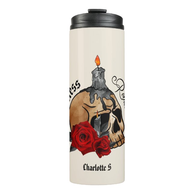 Garrafa Térmica Romântico sem esperança - Caveira gótica, Rosa ver (Frente)
