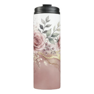 Garrafa Térmica Rosa Bege Floral Dourado