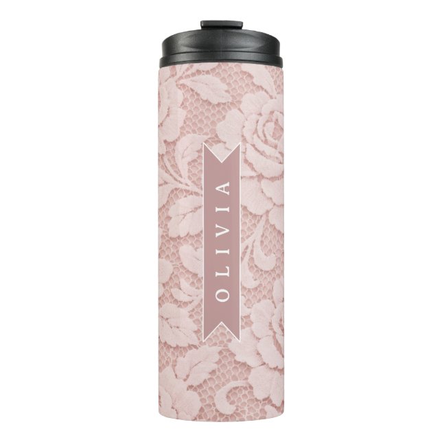 Garrafa Térmica Rosa Bege Personalizado com Renda Floral Romântica (Frente)
