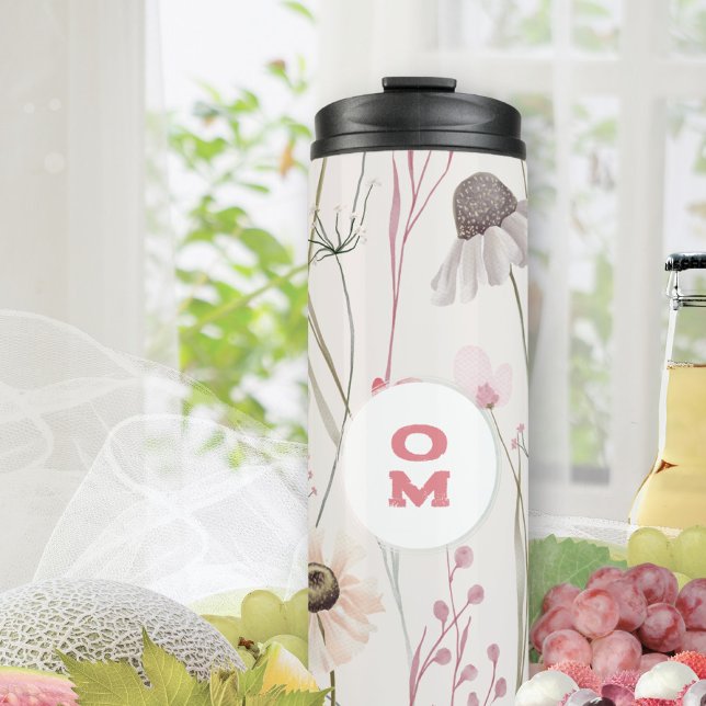 Garrafa Térmica Rosa claro Floral Moderna Verde (Mauve Sage Monogram Traveler Thermal Tumbler ©Susanne Sachers - Sunny Mind 🌞)