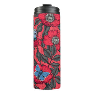 Garrafa Térmica Rosa de cão e borboletas em vermelho e azul