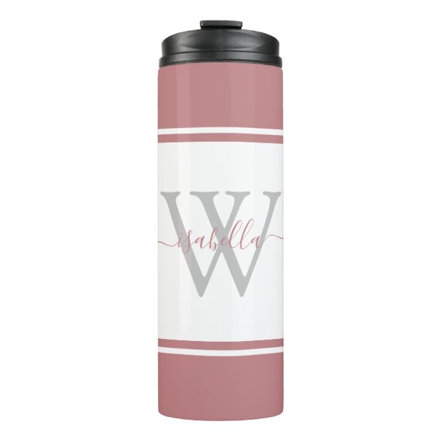 Garrafa Térmica Rosa de Dusty de Script Monograma Moderno (Frente)