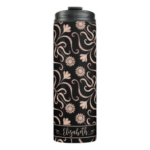 Garrafa Térmica Rosa Dourado e preto Damasco Floral Girassol Arte