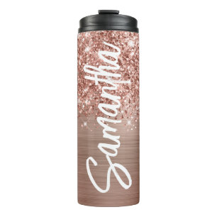 Garrafa Térmica Rosa Dourado Glam Vertical Nome Personalizado Bril