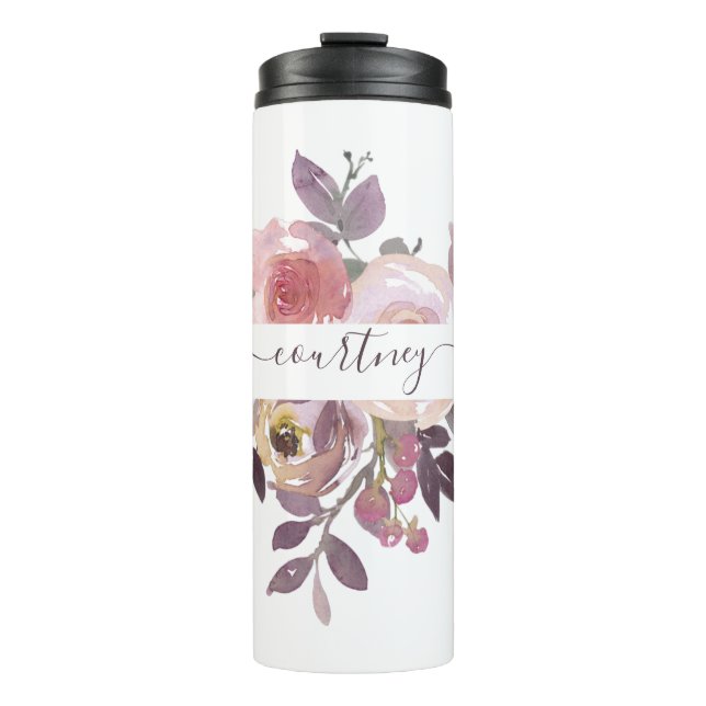 Garrafa Térmica Rosa pastel e floral personalizado roxo  (Frente)