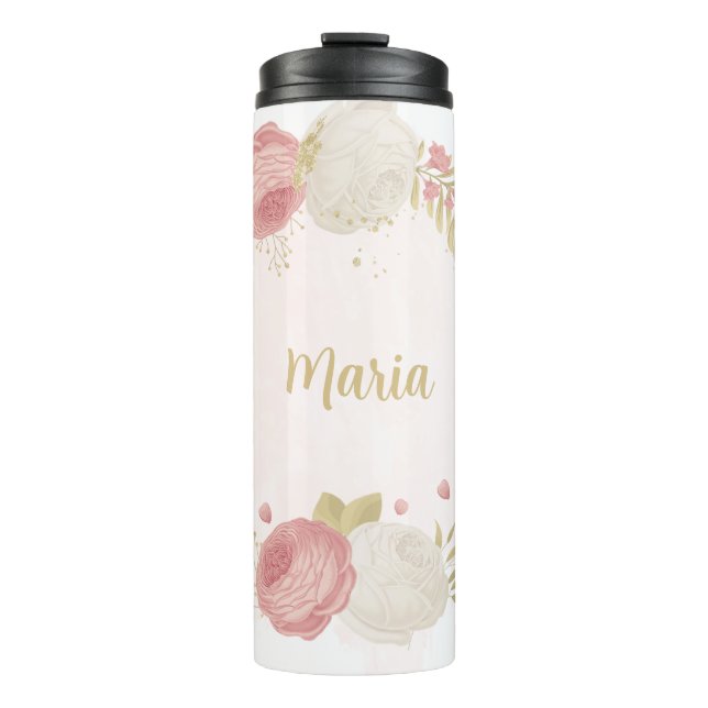 Garrafa Térmica Rosa romântico branco & floral dourado  (Frente)