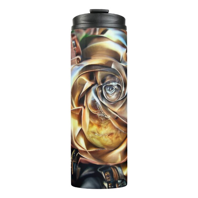Garrafa Térmica Rosa Steampunk com Face Surreal - Flor Mecânico (Frente)