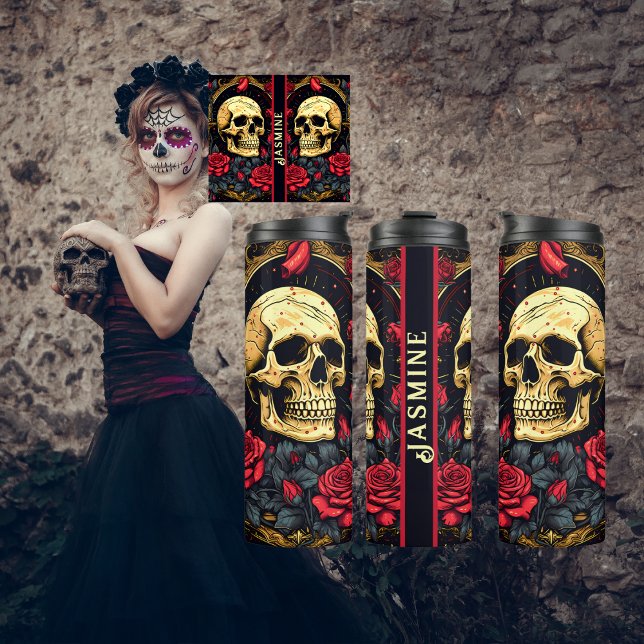 Garrafa Térmica Rosa vermelha Gótico Halloween Yoga (Gothic Tattoo Designed Skull and Roses Halloween Thermal Tumbler. )
