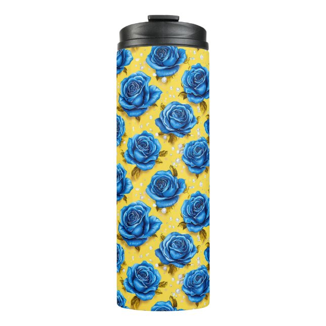 Garrafa Térmica Rosas Azuis Românticas Modernas Flor (Frente)