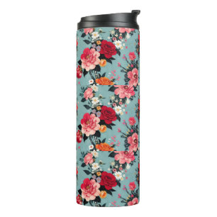 Garrafa Térmica Rosas de vindima e Florais num Fundo Azul