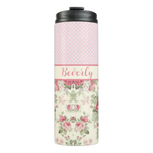 Garrafa Térmica Rosas Florais Rosa e Bolinhas Rosa e Branca