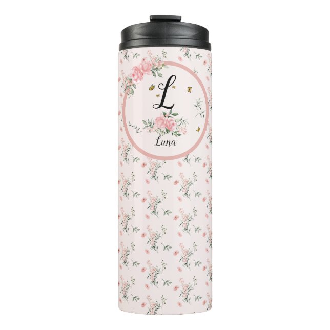 Garrafa Térmica Rosas Rosa Elegantes De Aquarelas com Borboletas (Frente)