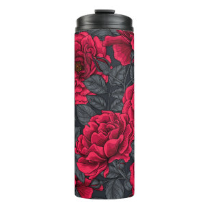 Garrafa Térmica Rosas vermelhas com folhas de cinza em preto