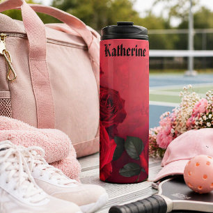 Garrafa Térmica Rosas Vermelhas Vintage Nome Personalizado