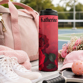 Garrafa Térmica Rosas Vermelhas Vintage Nome Personalizado