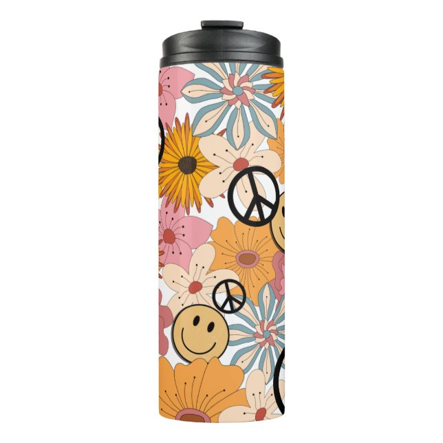 Garrafa Térmica Rosto Feliz, Retro Floral e Paz (Frente)