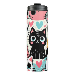 Garrafa Térmica Rostos de Gatos Kawaii Fofos e Corações Caprichoso