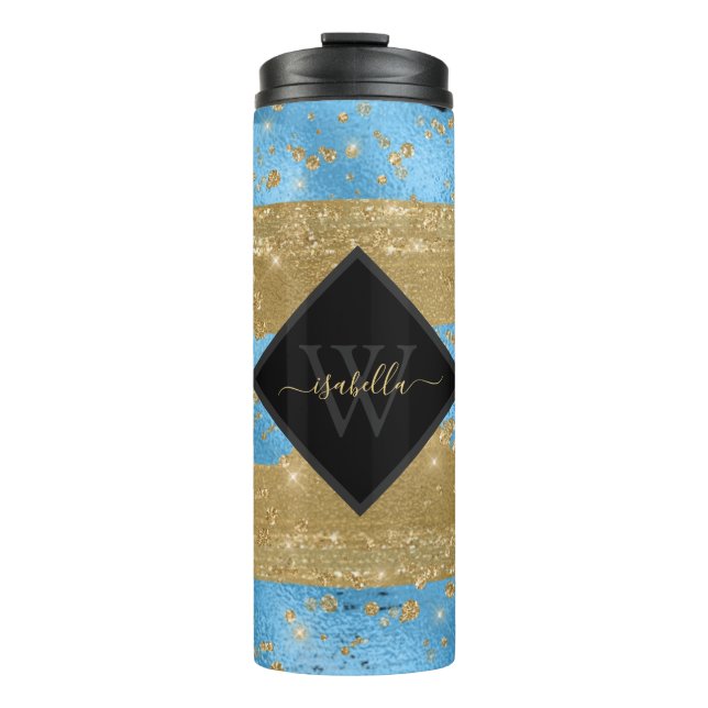 Garrafa Térmica Roteiro Monogramado Azul Dourado (Frente)