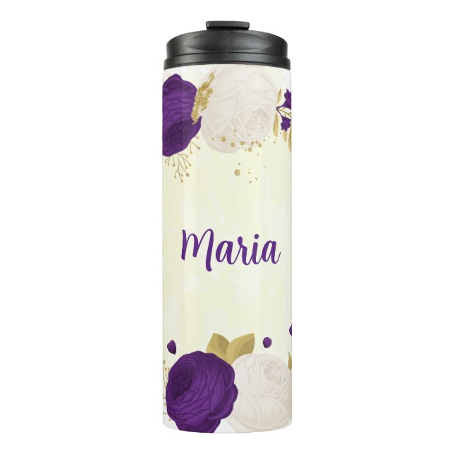 Garrafa Térmica roxo real flores brancas dourado botânico (Frente)