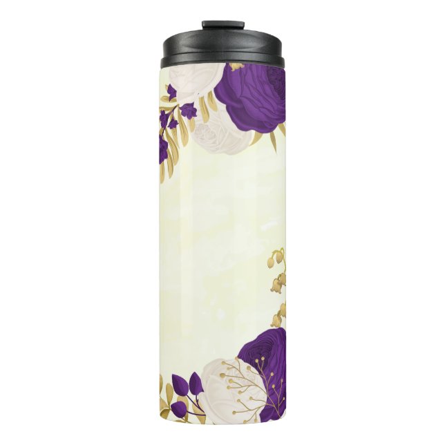 Garrafa Térmica roxo real flores brancas dourado botânico (Frente)