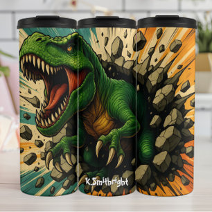 Garrafa Térmica Rugido de T-Rex Verde Quebrando Parede