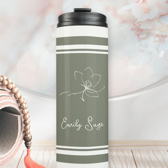 Garrafa Térmica Sage Green Ivory Floral Line Art Striped (Minimalist Floral Line Art Zen Sage Green Ivory Thermal Tumbler ©Susanne Sachers - Sunny Wanderlust )