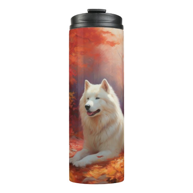 Garrafa Térmica Samoyed nas Folhas de Outono Caem Inspirar (Frente)