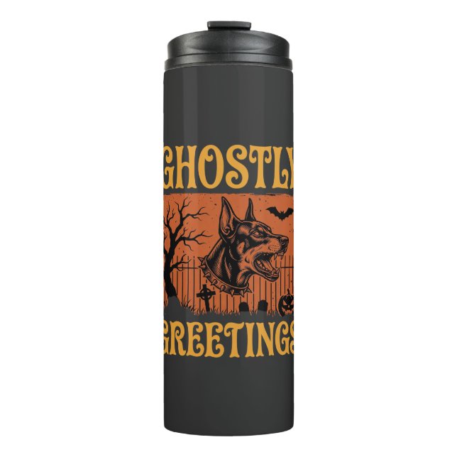 Garrafa Térmica Saudações Fantasmagóricas Doberman Halloween Cemit (Frente)