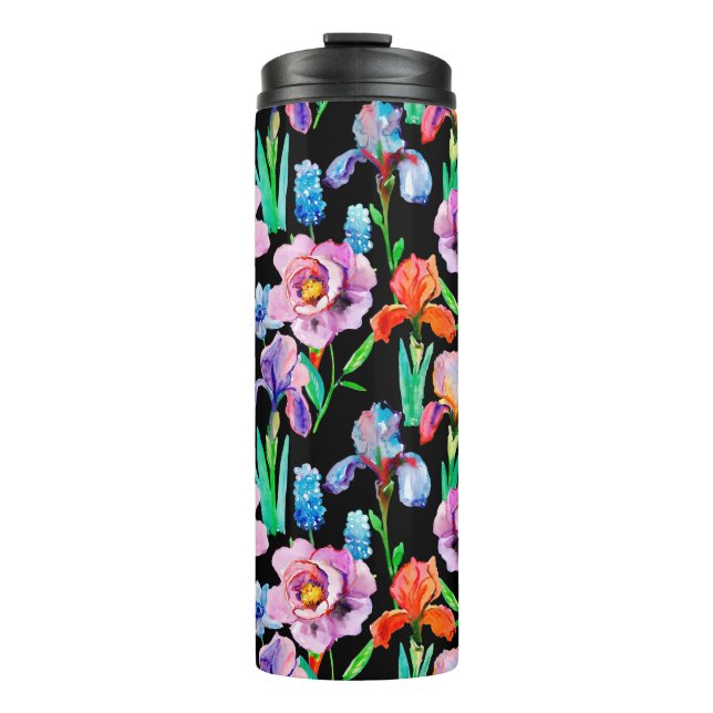 Garrafa Térmica Seamless pattern with Iris and Peony flowers, Wate (Frente)