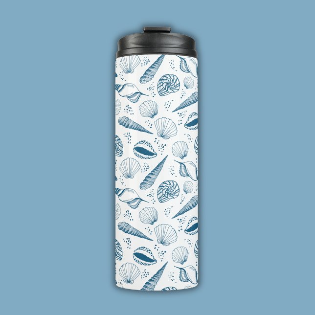 Garrafa Térmica Seashell Blue White Beach (Coastal chic blue seashell nautical beach vibe thermal tumbler)