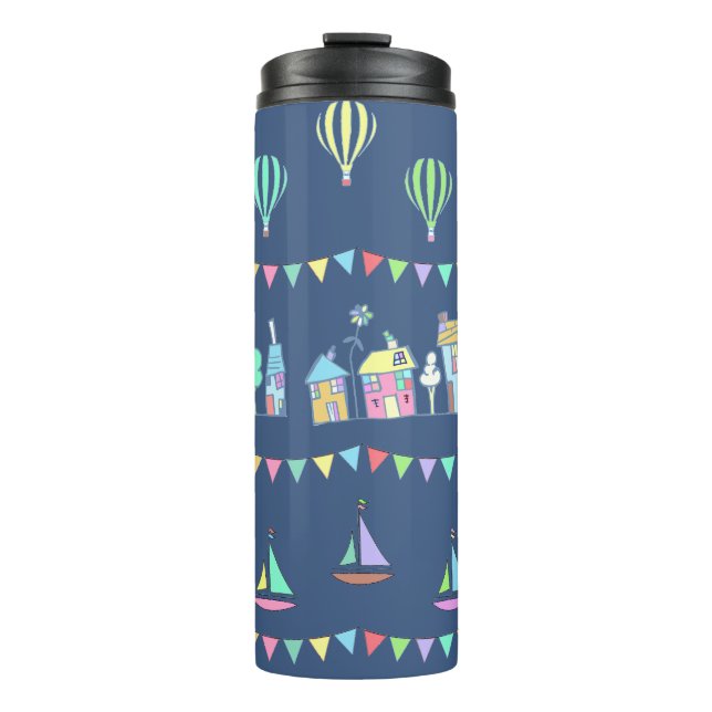 Garrafa Térmica Seaside Town Sail Boats and Bunting Pattern Blue (Frente)