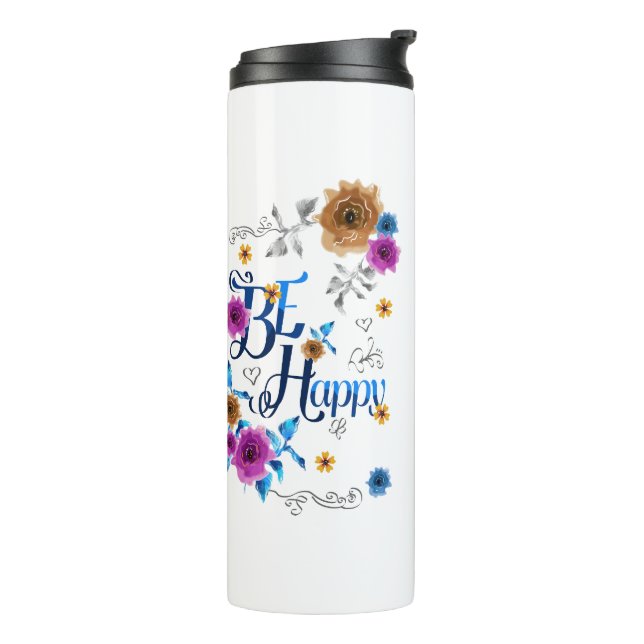 Garrafa Térmica Seja feliz, com uma citação positiva, Flores Doura (Giro à esquerda)