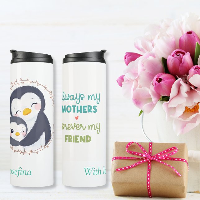 Garrafa Térmica Sempre minha mãe - Mãe e bebê pinguins (Always my Mother - Penguin Mum & Baby Thermal Tumbler)