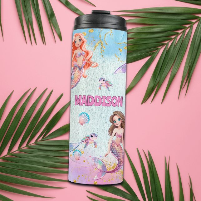 Garrafa Térmica Sereias Brilho Rosa Roxo Adicionar Nome (Criador carregado)