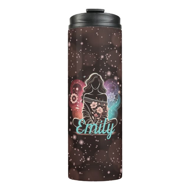 Garrafa Térmica Serene Mulher em Sonho Físico Cósmico (Frente)