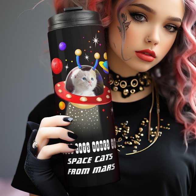 Garrafa Térmica Seu Gato de Gatinho OVNI no Espaço Personalizado (Put your cat in this UFO for a perfect memento of your loved pet.)
