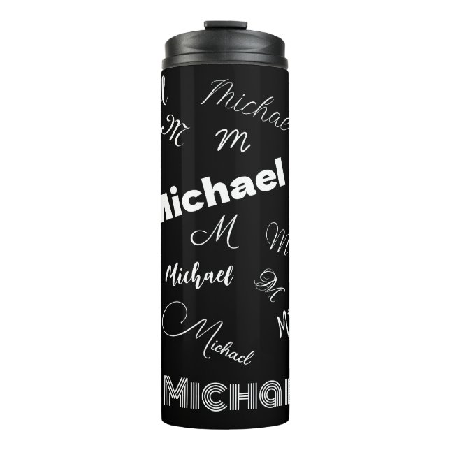 Garrafa Térmica Seu nome e padrão personalizado de monograma preto (Frente)