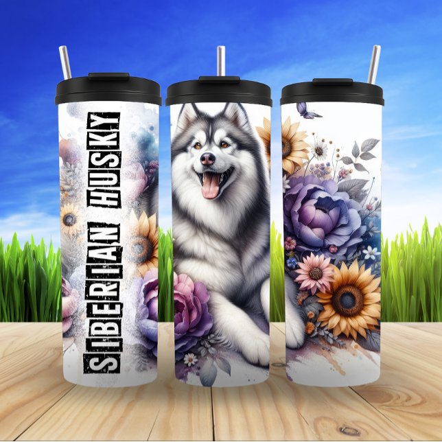 Garrafa Térmica Siberian Husky Floral Fantasy (Criador carregado)