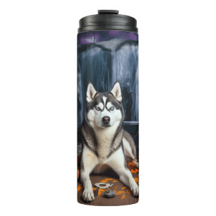 Garrafa Térmica Siberian Husky Pumpkins Halloween Scary