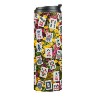 Garrafa Térmica Símbolos de Mahjong em um fundo de flores silvestr