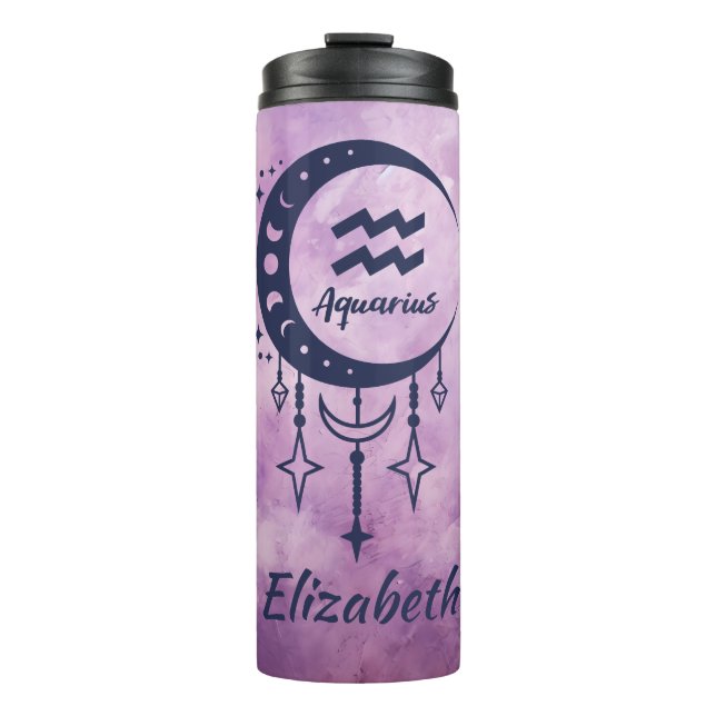 Garrafa Térmica Sinal Zodiac Aquarius de Nome Personalizado (Frente)