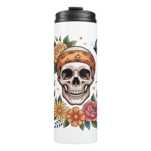 Garrafa Térmica Skull Floral Halloween Spooky (Frente)