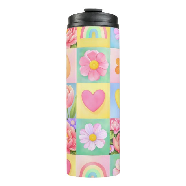 Garrafa Térmica Spring Floral Blossoms Heart Checkerboard Pattern (Frente)