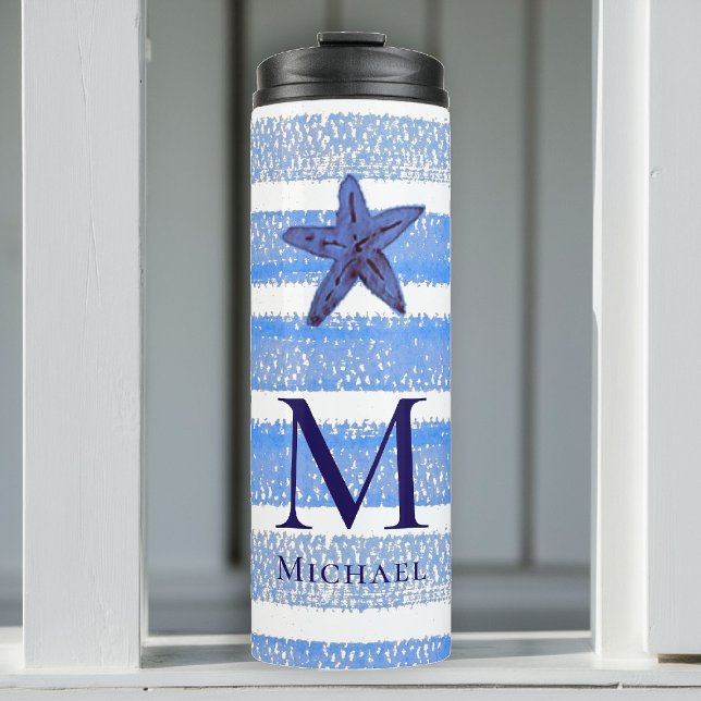 Garrafa Térmica Starfish Monograma Praia Strik Náutico Aquarela (boy tumbler personalized monogram starfish sea blue stripes nautical ocean grandchild baby gift)