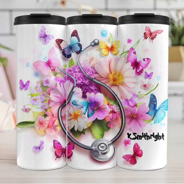 Garrafa Térmica Stethoscope Flowers Butterflies Personalized Tribu (Criador carregado)