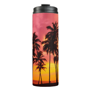 Garrafa Térmica Sunset Tropical: Serenidade Silhueta Palma.