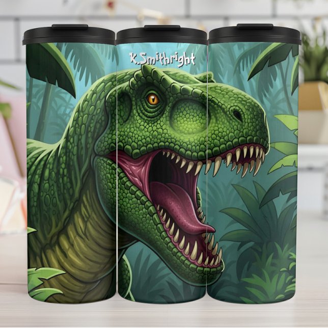 Garrafa Térmica T-Rex Verde Rugindo na Selva (Criador carregado)