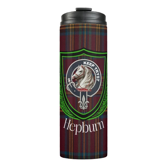 Garrafa Térmica Tartan e Brasão do Clã Escocês Hepburn (Frente)