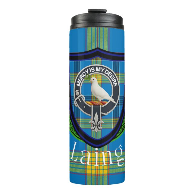 Garrafa Térmica Tartan e Brasão do Clã Escocês Laing (Frente)