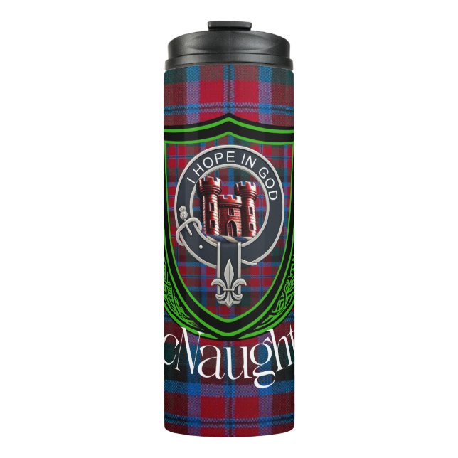 Garrafa Térmica Tartan e Brasão do Clã Escocês MacNaughton (Frente)